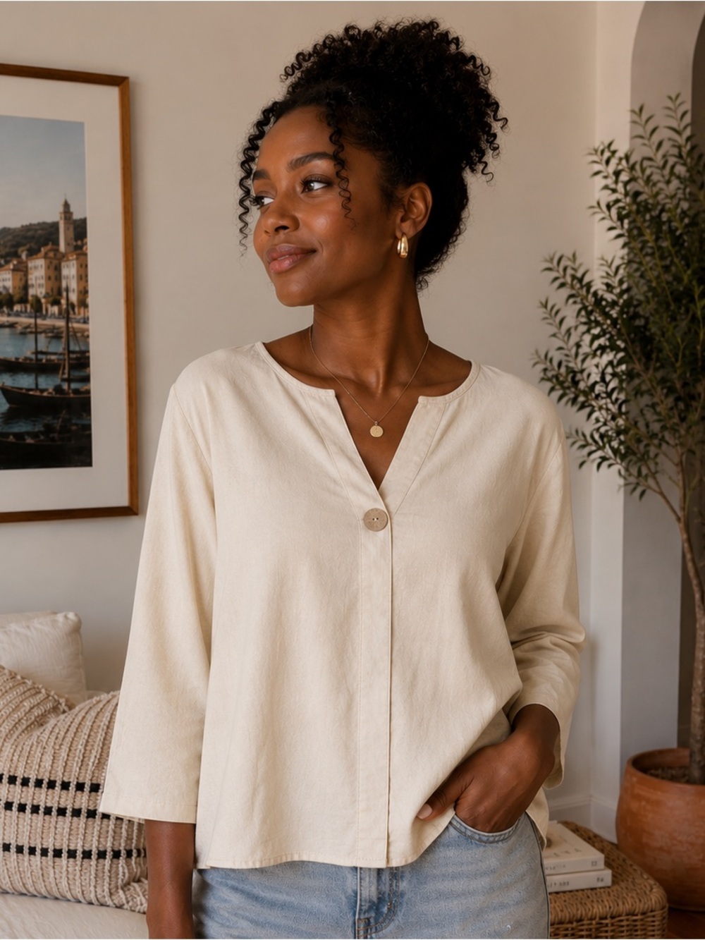 Women's Cream Split-Neck Button Front Blouse